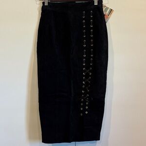 New Vintage Genuine Leather Pencil Skirt Black Lace Up Detail Size XS Deadstock